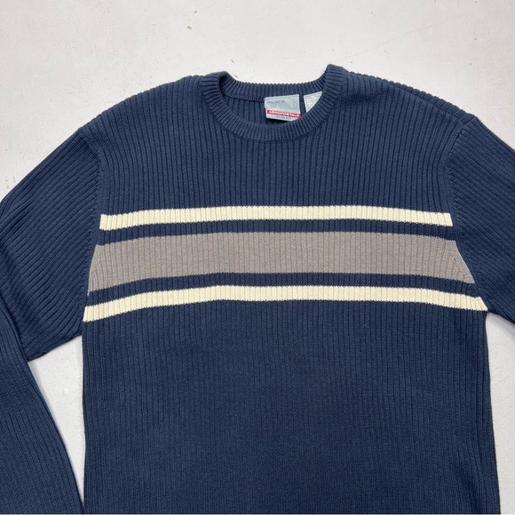 Aeropostale Men’s Vintage Y2K Slim Fit Navy Crème/Gray Stripe Pullover Sweater - Picture 3 of 9